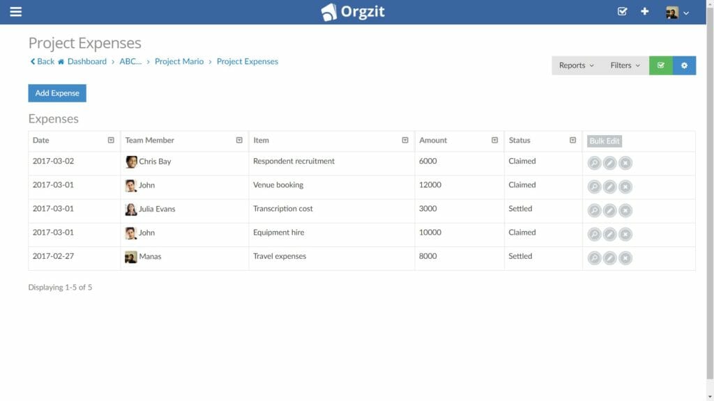 Tracking Project Expenses in Orgzit