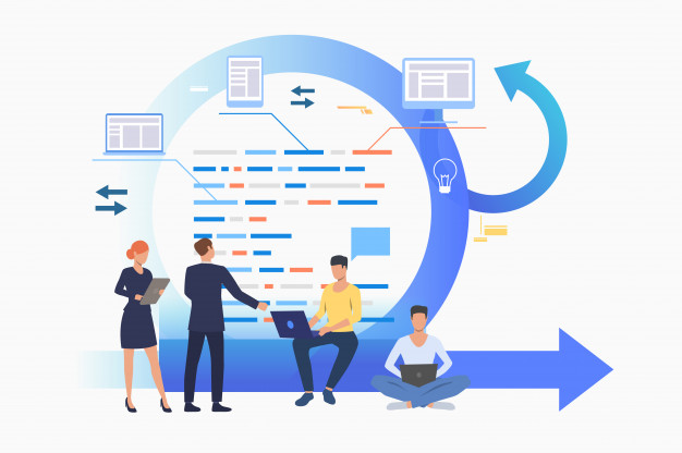 image showing software integration and multiple people collaborating