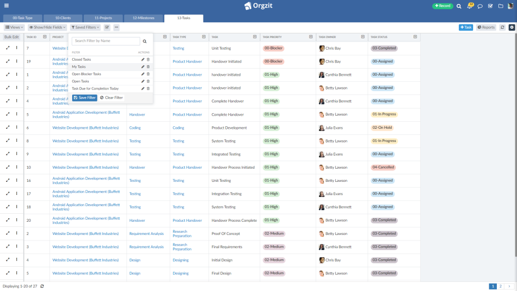 orgzit filter data to track changes